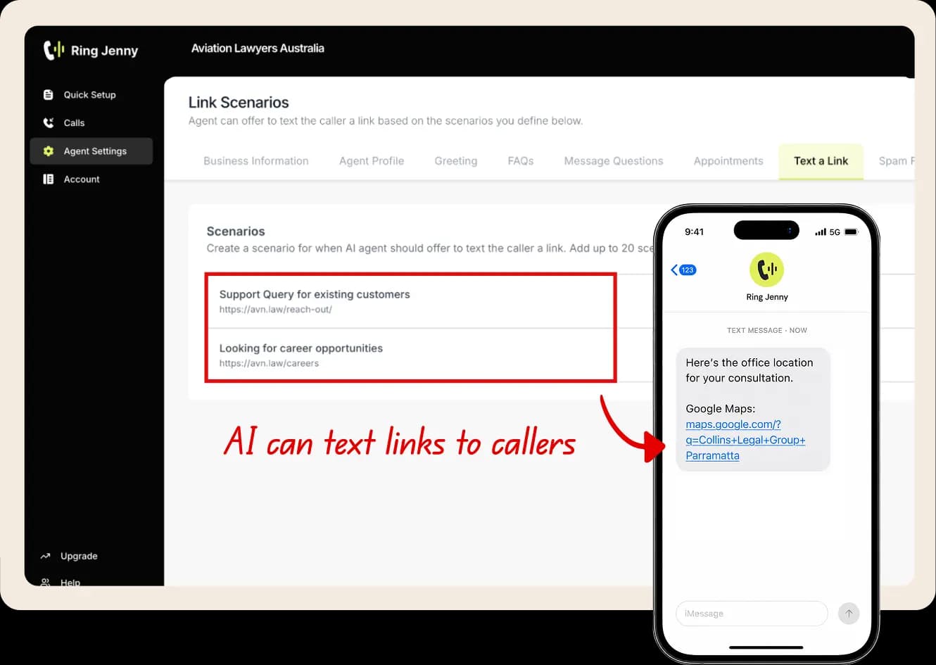 Link sharing scenarios with a phone showing a texted link