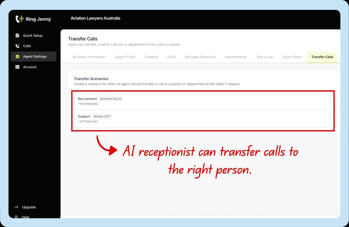 Call transfer scenarios configuration screen