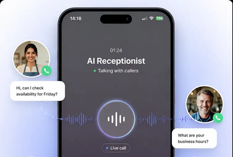 AI receptionist talking with callers on a live phone call