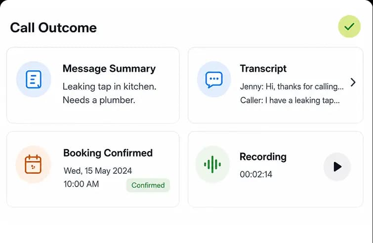 Call outcome with message summary, transcript, booking and recording
