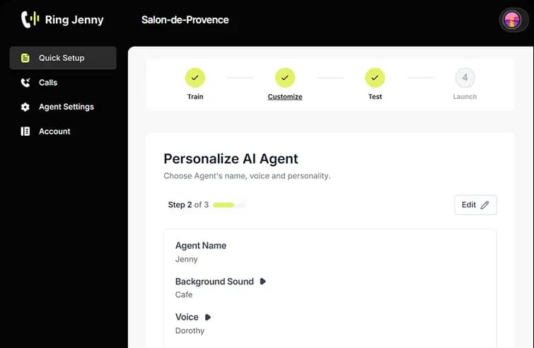 Ring Jenny dashboard personalizing an AI receptionist agent